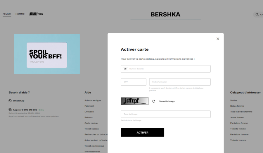 activer la carte cadeau bershka