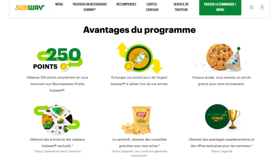 avantages et récompenses étoiles subway